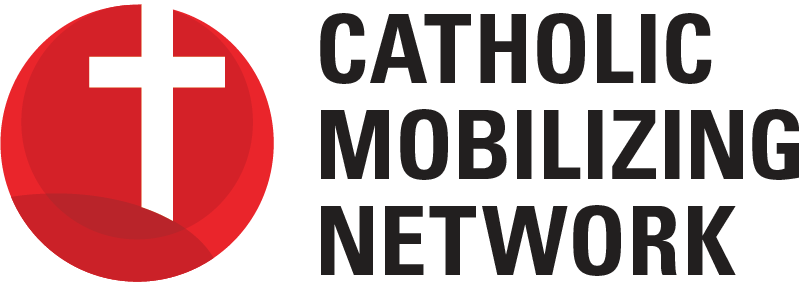 Catholic Mobilizing Network Logo featuring white cross on a red backdrop