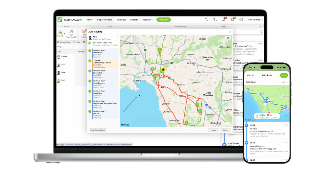Auto Routing optimises daily job sequences to save time and fuel