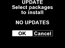 Screenshot van PosiTest ATA, het scherm zegt "UPDATE, Select packages to install - NO UPDATES" met "OK" geselecteerd.