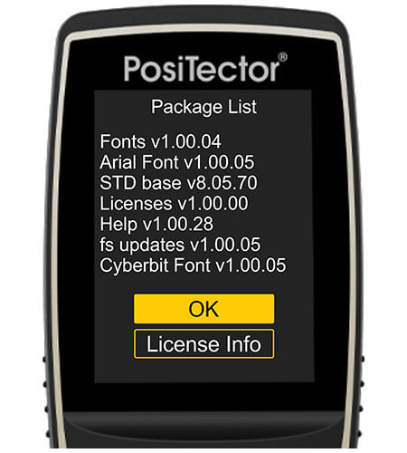 Afbeelding van een PosiTector gage body, het scherm toont info over de laatste "Package List", "OK" is geselecteerd.