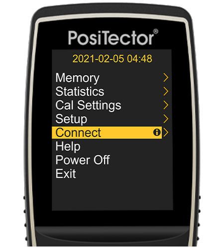 Image of a PosiTector gage body, the screen shows the main gage body menu and 'Connect' is selected