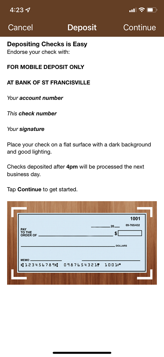 BSF Mobile deposit welcome screen 