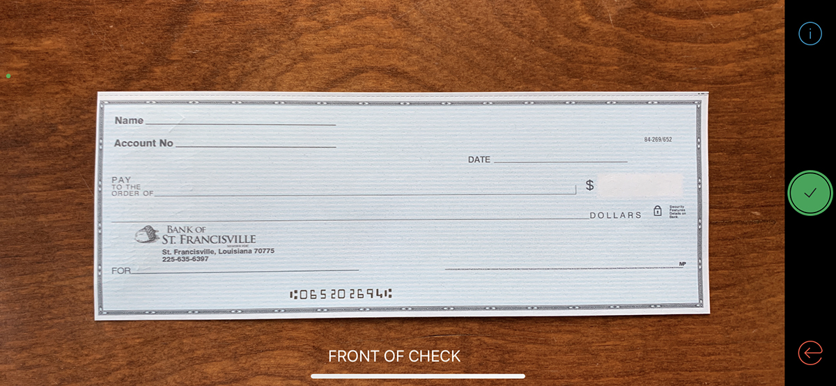 BSF mobile deposit image. Front of check