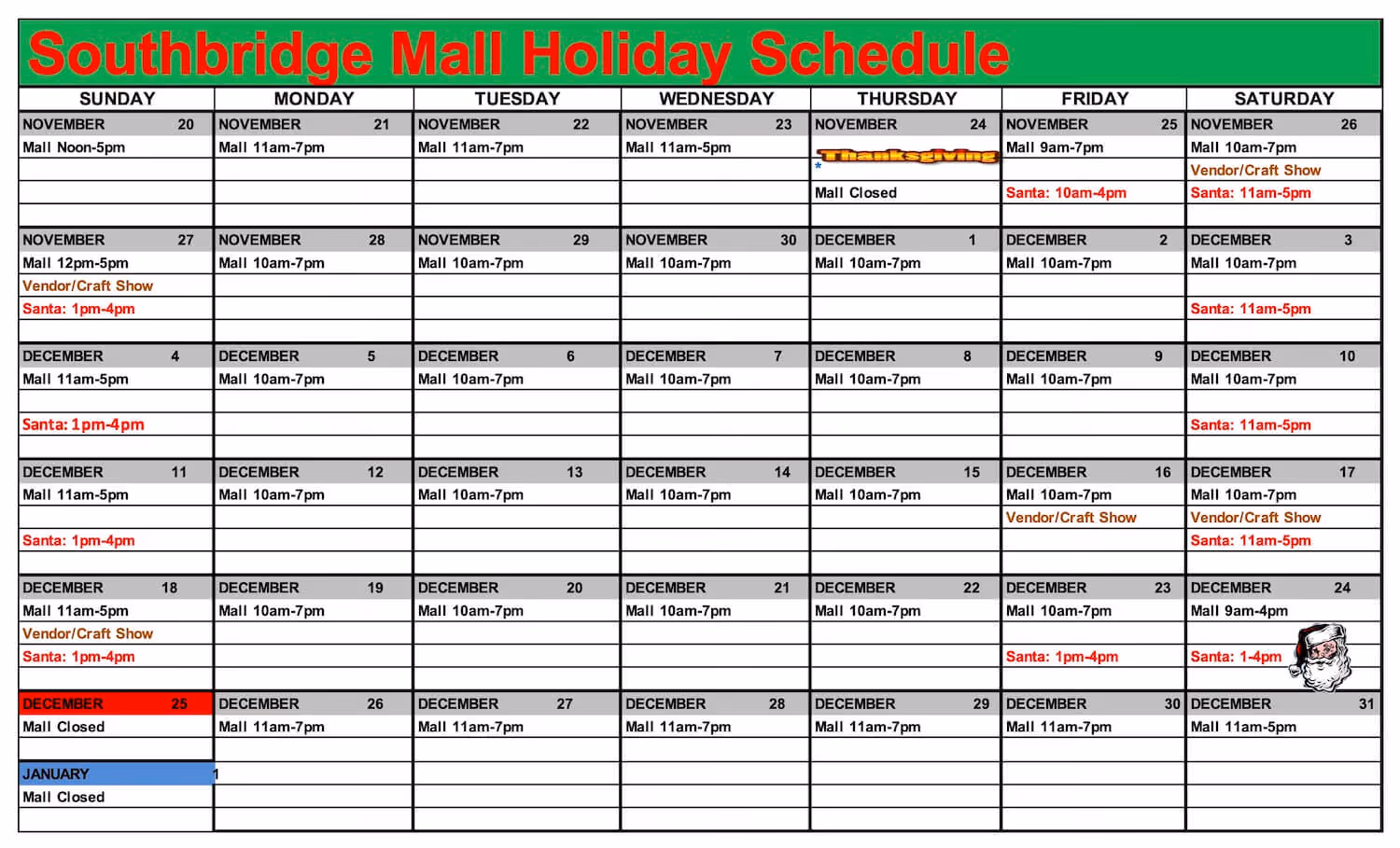 Holiday Hours Calendar