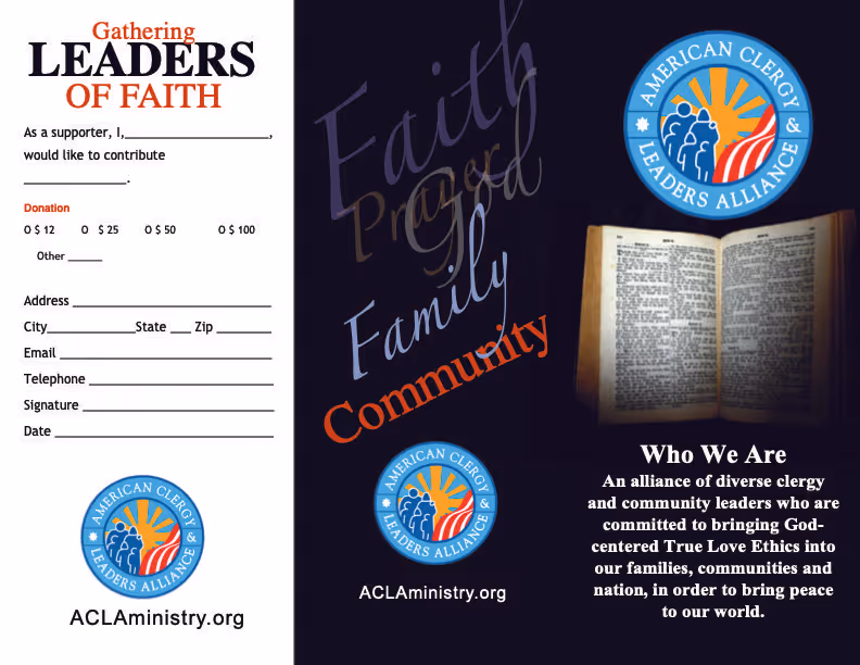 Donation form for Gathering Leaders of Faith with fields for supporter details, donation amounts, and contact information, alongside logos of American Clergy Leaders Alliance and text about their mission for peace through faith, prayer, family, and community.