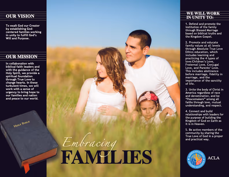 Young family of three in a sunny field, with text blocks outlining vision, mission, and goals focused on God-centered families and values.