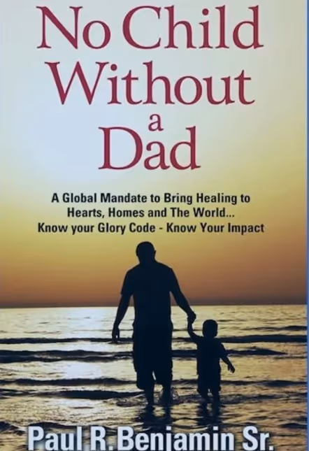 Book cover titled 'No Child Without a Dad' showing a silhouette of a man holding hands with a child walking in shallow water at sunset.