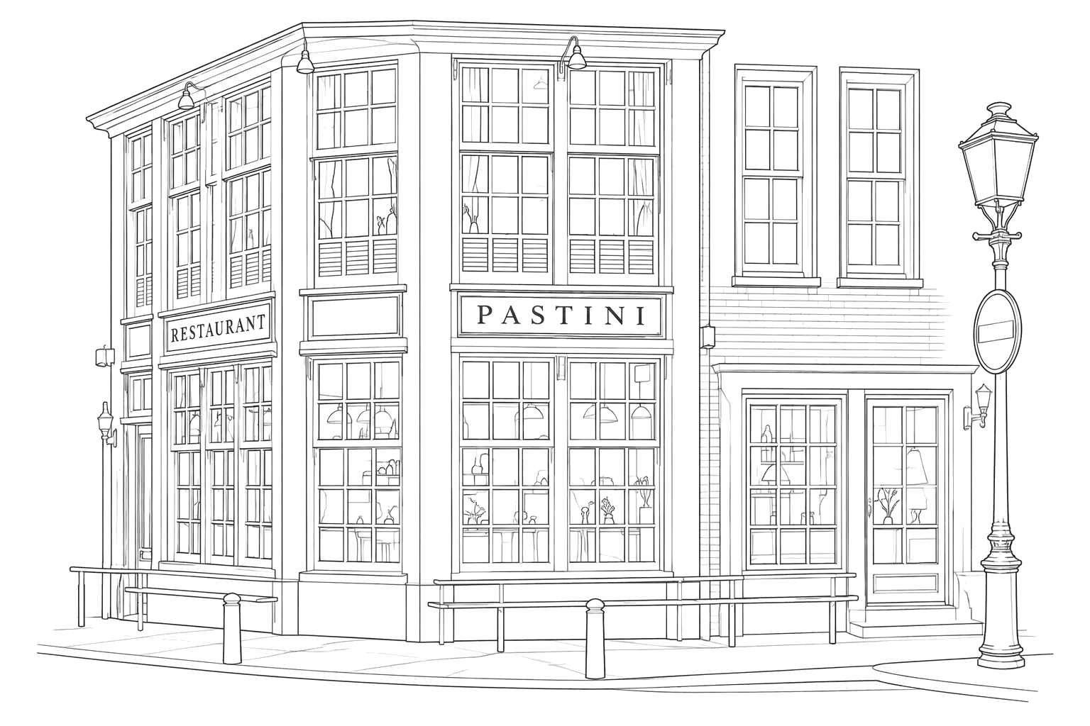 Zwart-witte lijntekening van restaurant Pastini