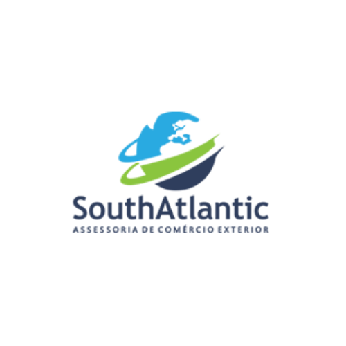 SouthAtlantic logo with blue and green globe design and text about foreign trade advisory in Portuguese