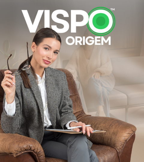 Confident woman in business attire holding glasses and clipboard, sitting in a brown leather chair.