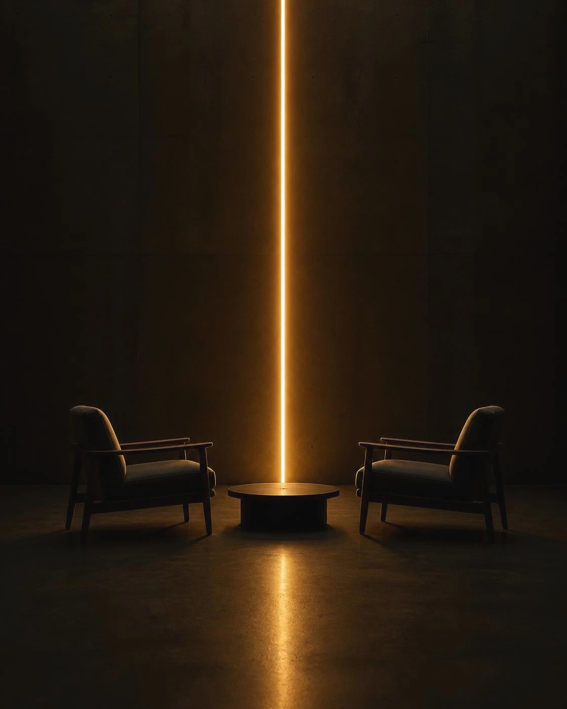Ilustração: duas poltronas vazias, uma de frente para a outra, iluminadas por uma fresta vertical de luz, à espera de uma conversa.