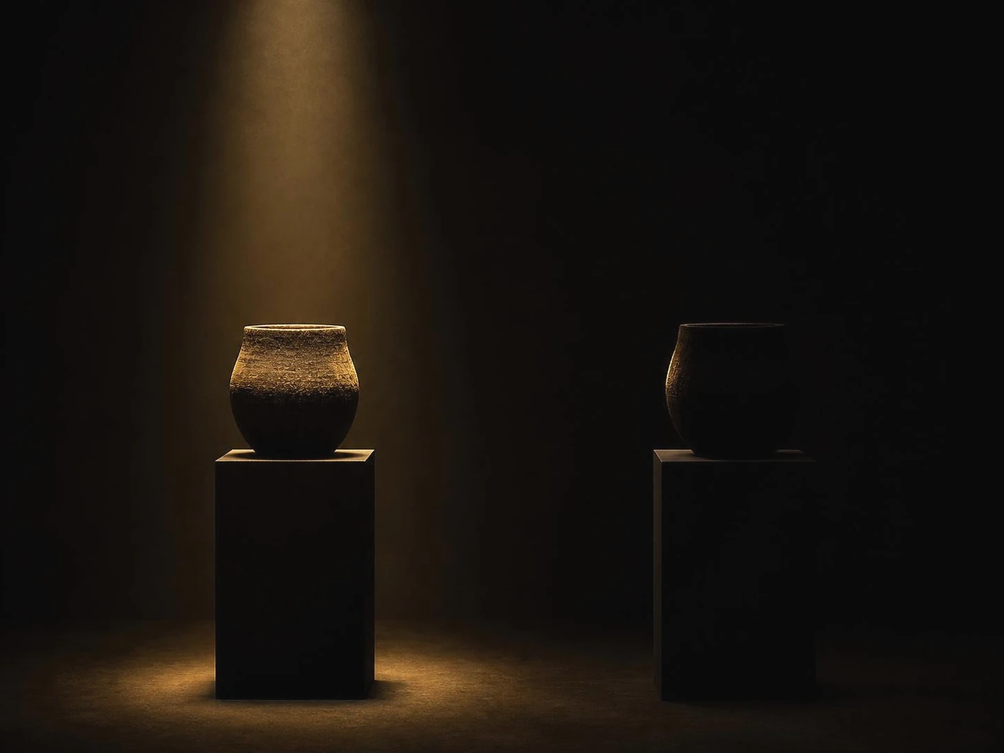 Ilustração: dois objetos idênticos sobre pedestais; um iluminado por um foco de luz, o outro quase na sombra.