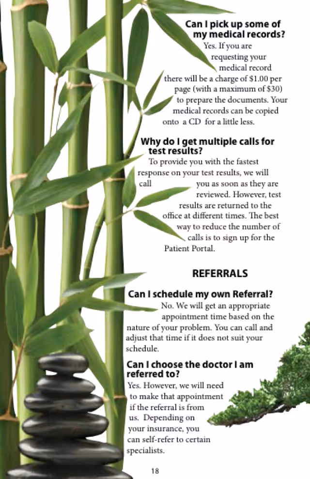 Page with text about medical records, test results calls, and referrals, decorated with bamboo stalks on left and stacked black stones at bottom left.