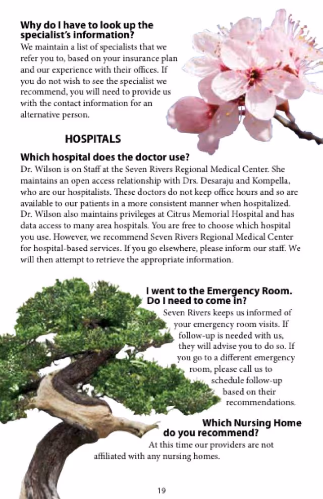 Page with medical FAQ text about specialists, hospitals, emergency room visits, and nursing homes, accompanied by a pink flower at the top right and a green bonsai tree at the bottom left.