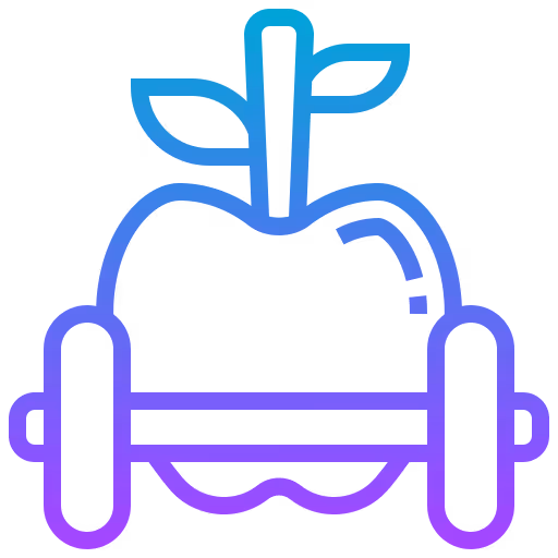 Icon of an apple with leaves lifting a barbell, symbolizing healthy fitness or nutrition.