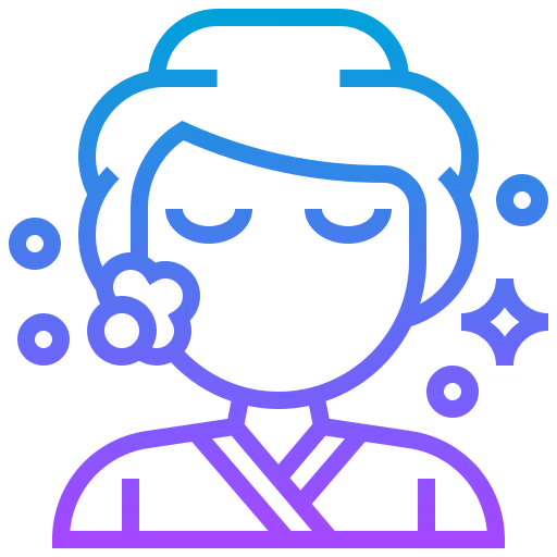 Illustration of a person with closed eyes and hair towel, surrounded by bubbles and sparkles, representing facial cleansing.