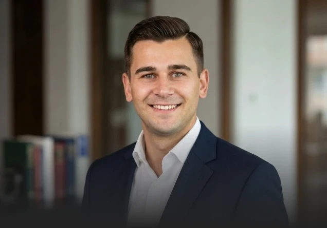 Smiling man in a dark blazer and white shirt in a softly blurred office background.