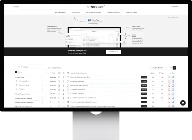 Desktop screen showing BLNDSPACE window treatment specifiers portal interface with search, filters, and file downloads.