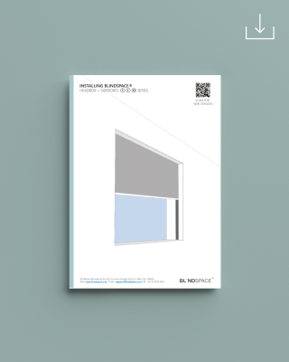 Cover of Blindspace headbox installation guide showing a window with a lowered blind.