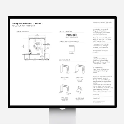 Technical drawing and specs for Blindspace S100X100SS concealed blind system by Lutron.