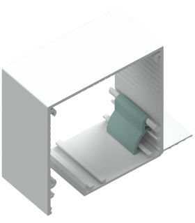 3D render of a white headbox cassette with internal roller blind mechanism.