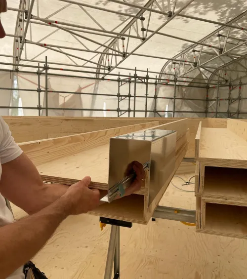 Blindspace builders contractors head box cassette fitting in timber frame construction with scaffold