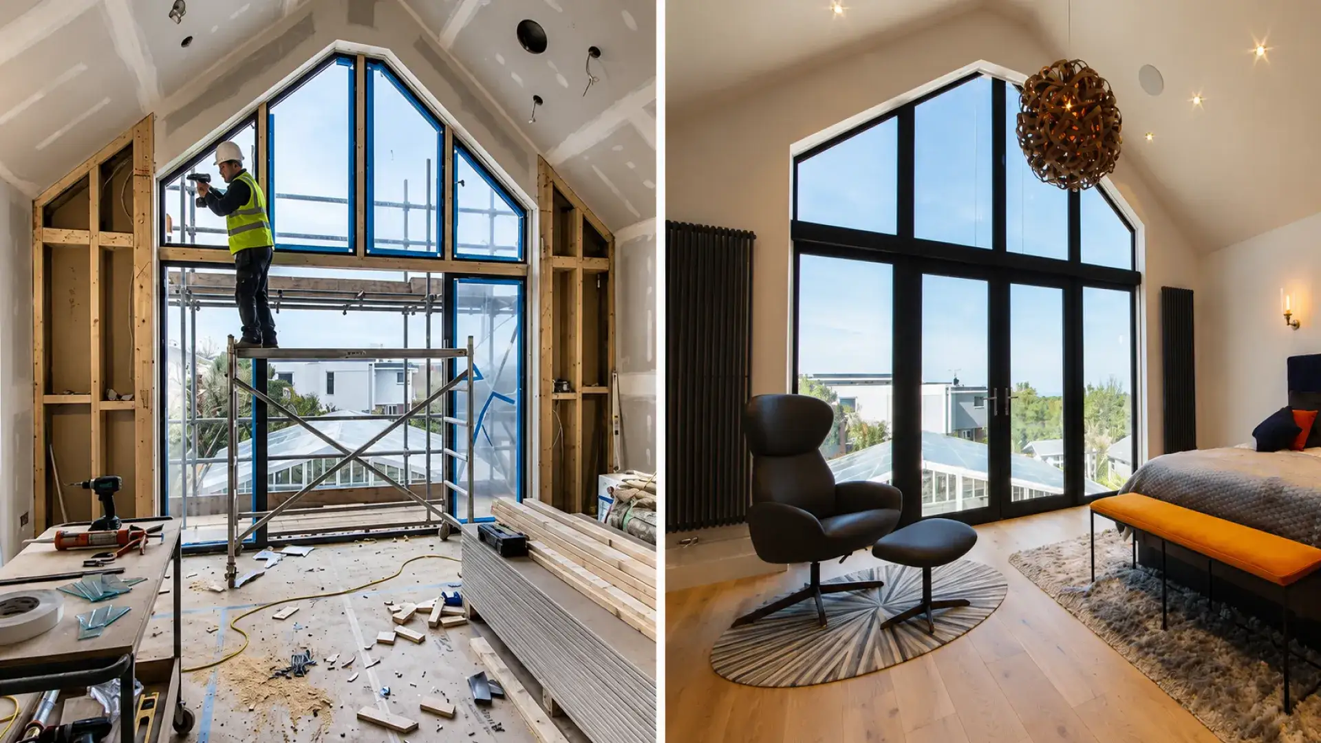 Side-by-side before and after vaulted window bedroom: construction scene and finished cozy room with chair.
