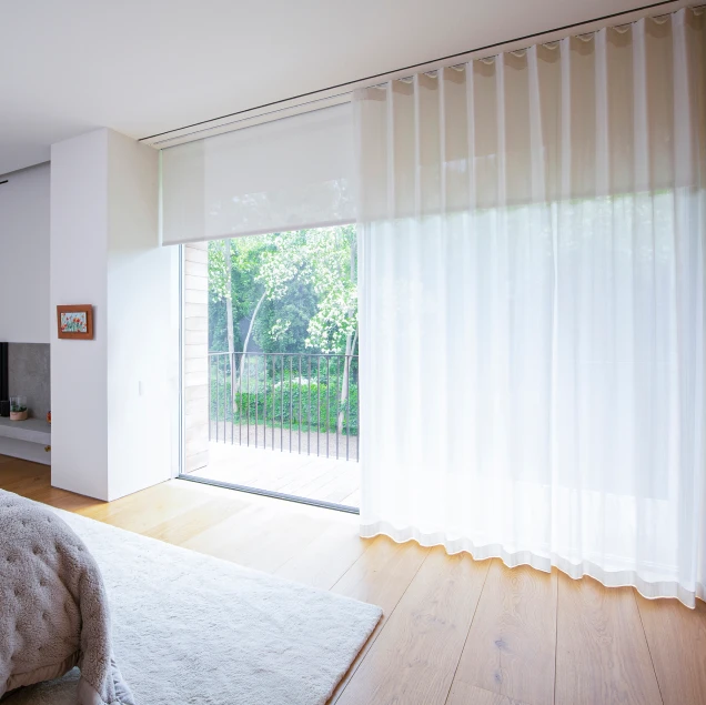 Blindspace sheer wave curtain and roller blind floor to ceiling window bedroom