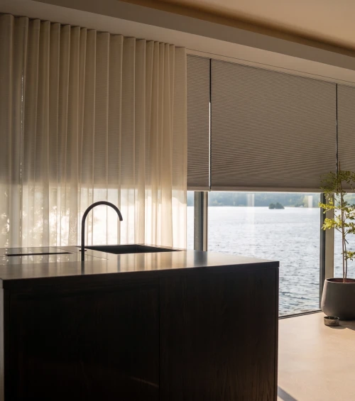 Blindspace wave curtain honeycomb blind kitchen island waterfront view