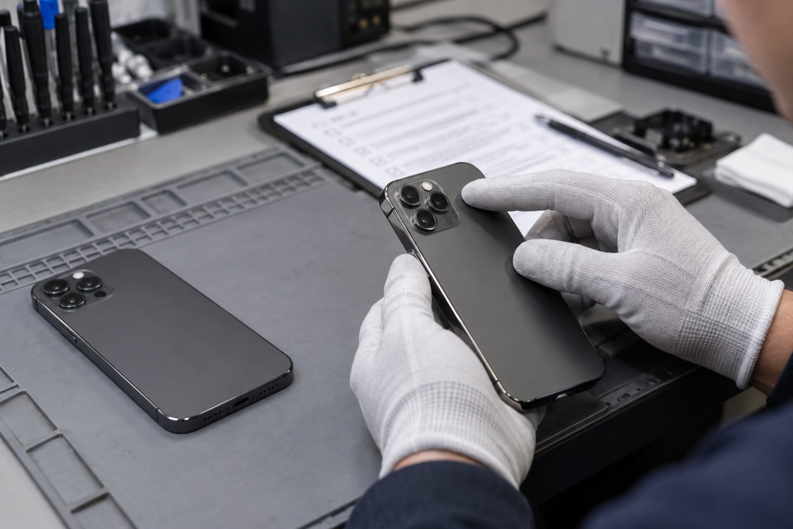 Tekniker kontrollerer refurbished telefoner med handsker efter tjekliste