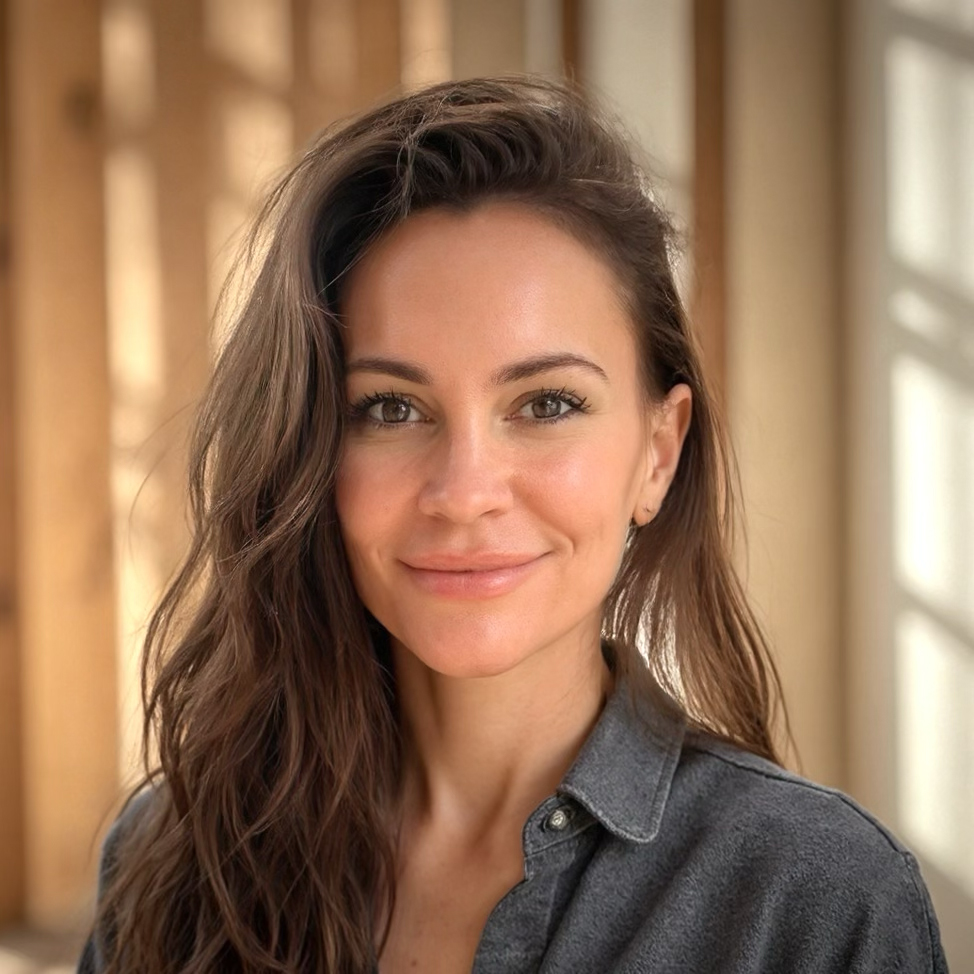 Picture of Theresa facing the camera, with soft light behind her. She's wearing a denim collared shirt and her hair is long, brown, and wavy. She is smiling.