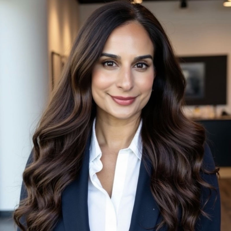Woman with long wavy brown hair wearing a white blouse and dark blazer smiling indoors.