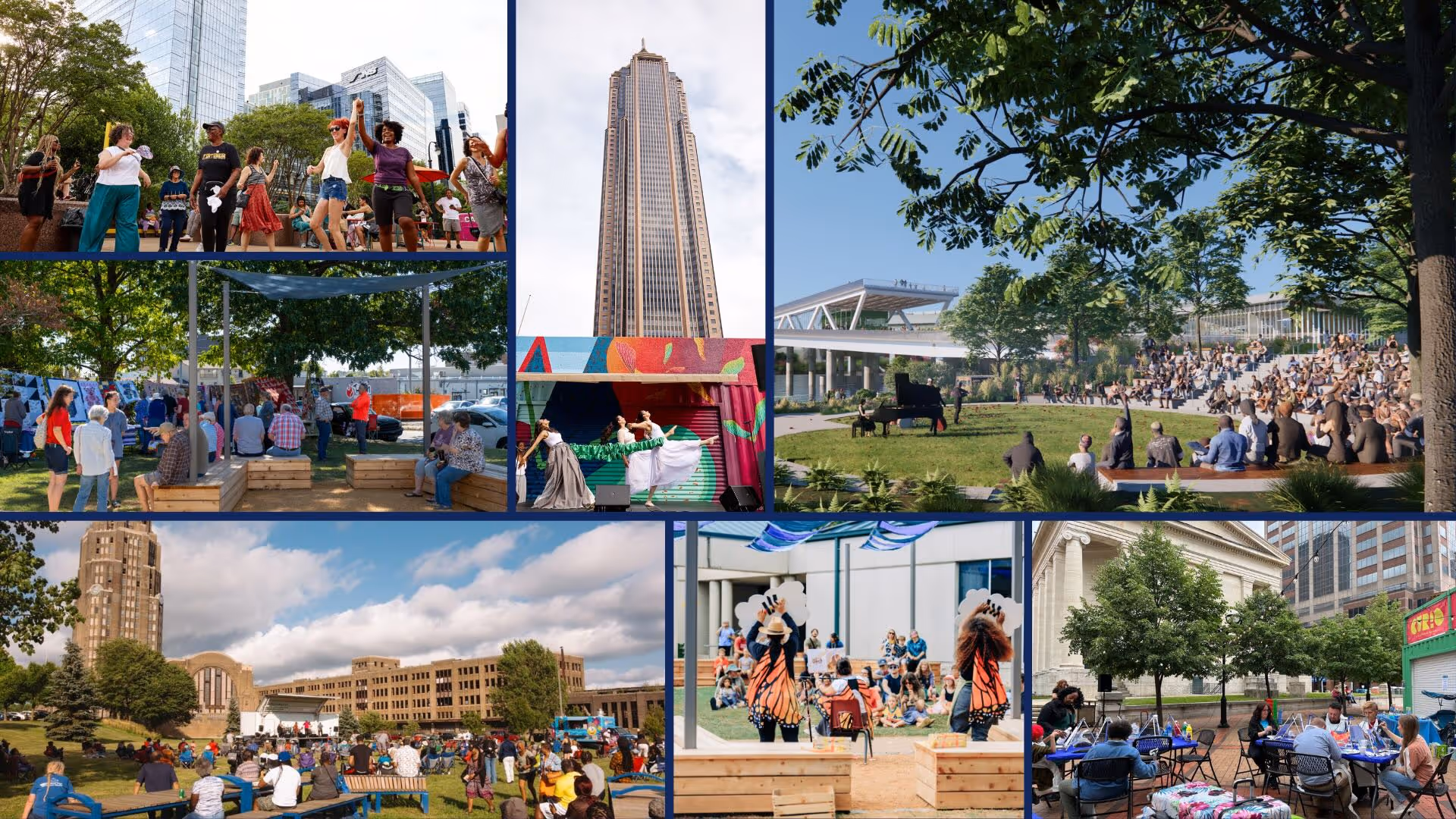 A collage of various public spaces, including a park, lawn, square, and dance and musical performances.