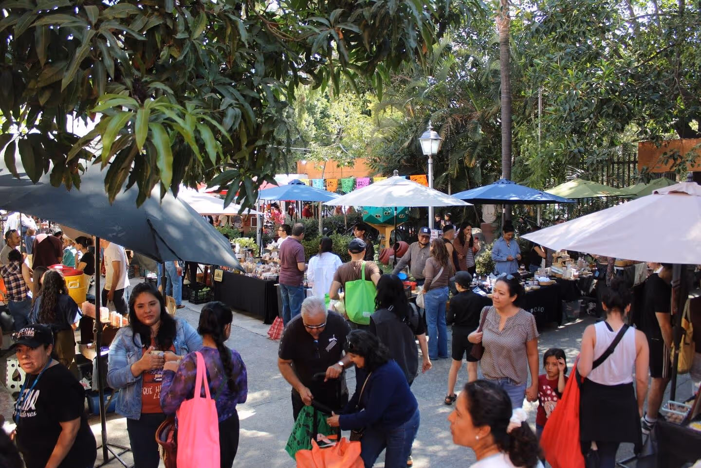Shoppers walking through and interacting with vendors at an outdoor, open-air market that is set up with umbrellas and display that is set up with umbrellas and display tables.
