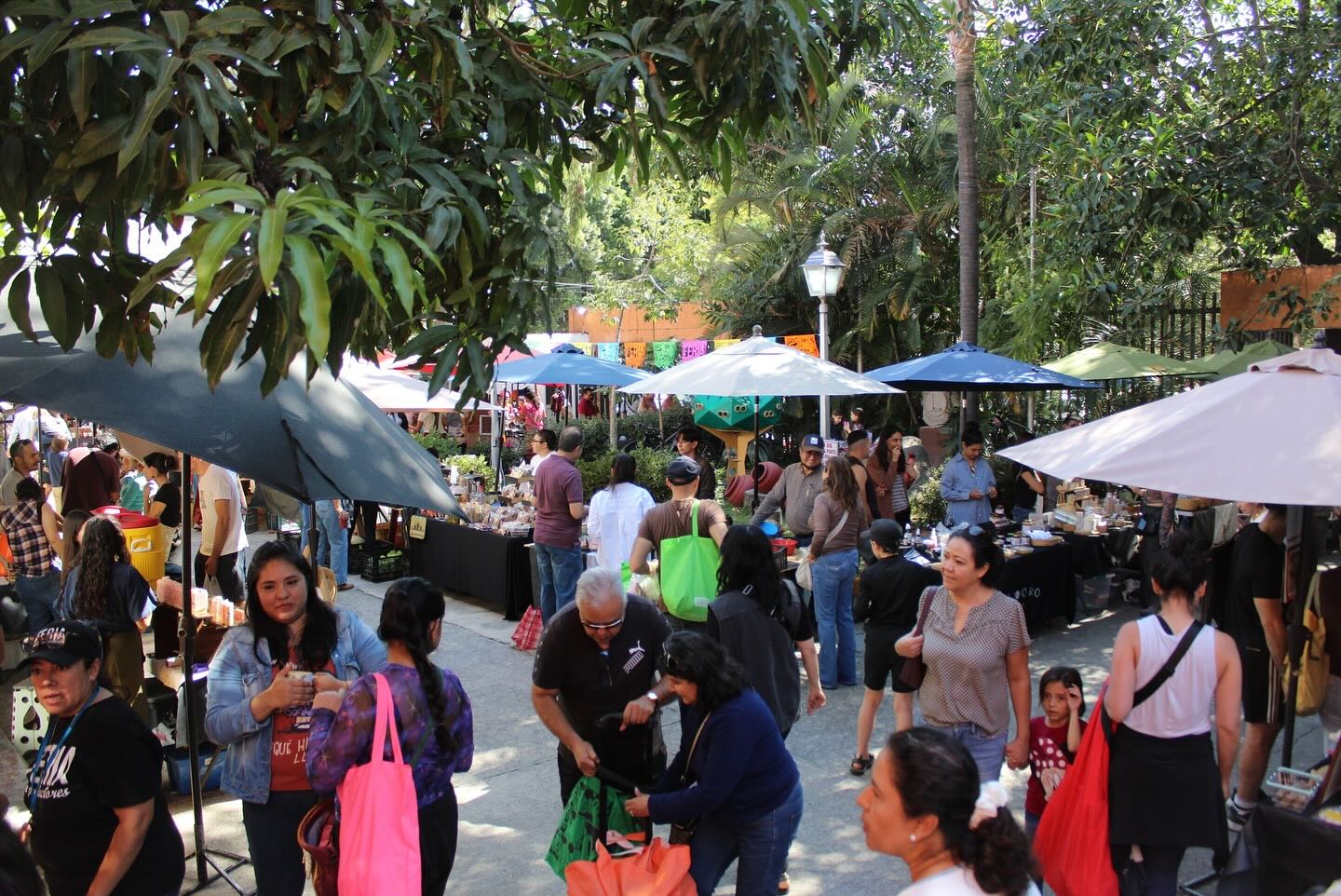 Shoppers walking through and interacting with vendors at an outdoor, open-air market that is set up with umbrellas and display that is set up with umbrellas and display tables.