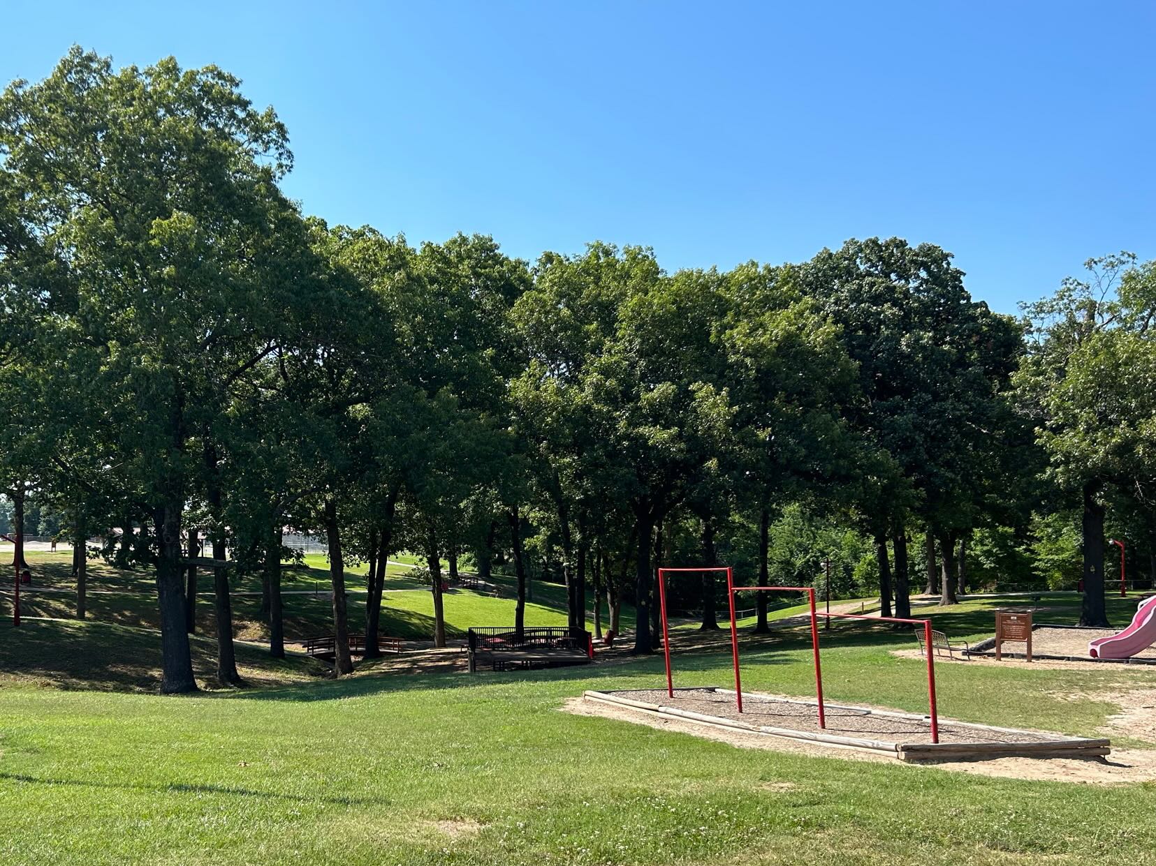 A park features a grassy field, where there is a playground in the forefront and a row of tall trees in the background.