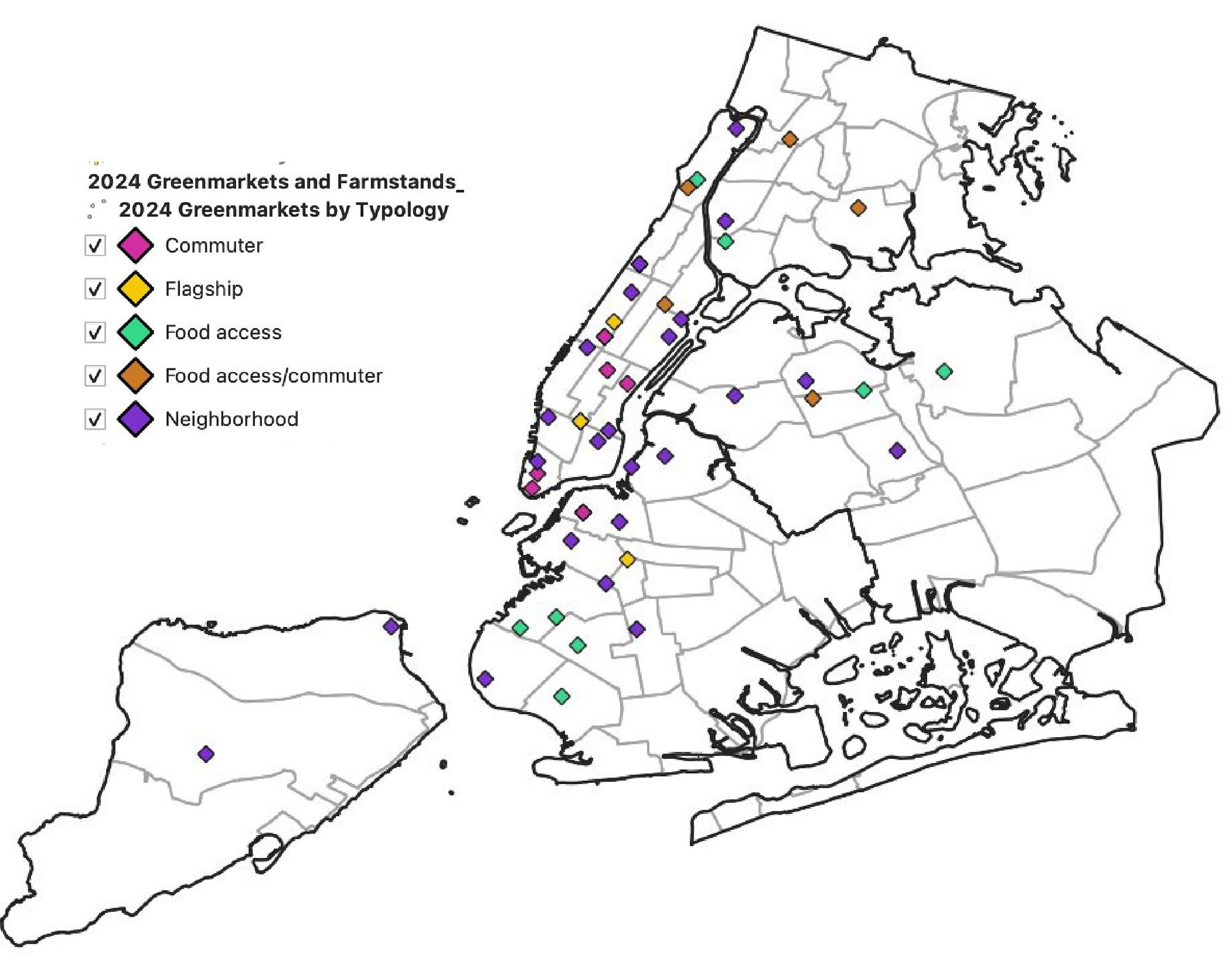 A map of NYC is titled "2024 Greenmarkets and farmstands2024 green markets and farmstands_2024 Greenmarkets by typology"