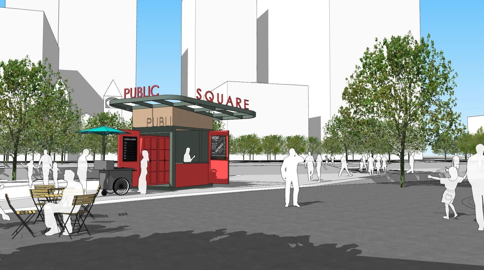 A rendering illustration shows a public space that features a kiosk. 