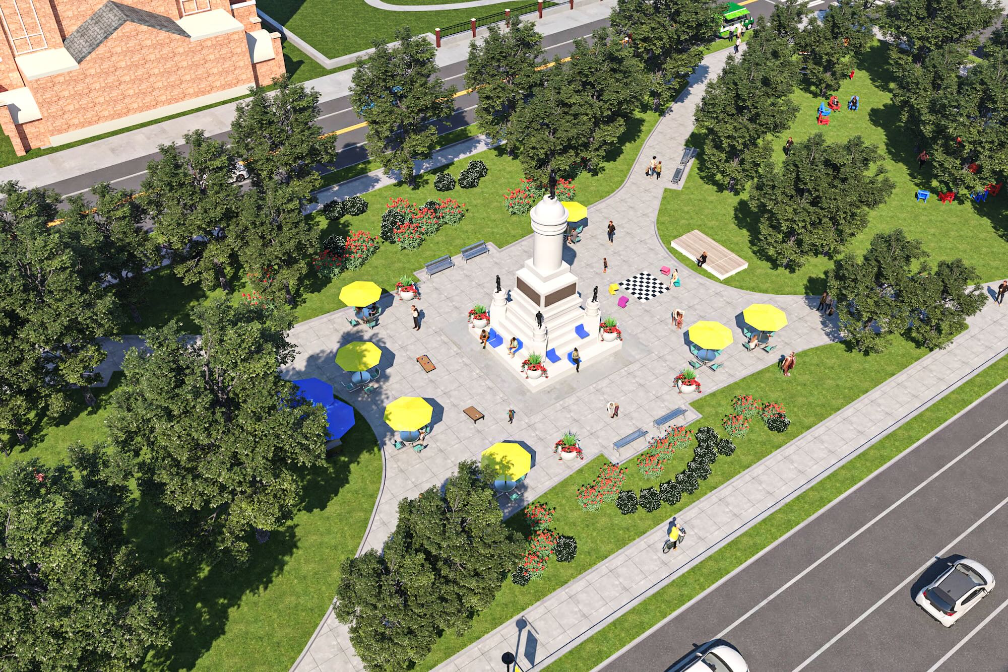 A generated rendering of a park space shows colorful, outdoor furniture throughout and community members milling about, sitting and walking.