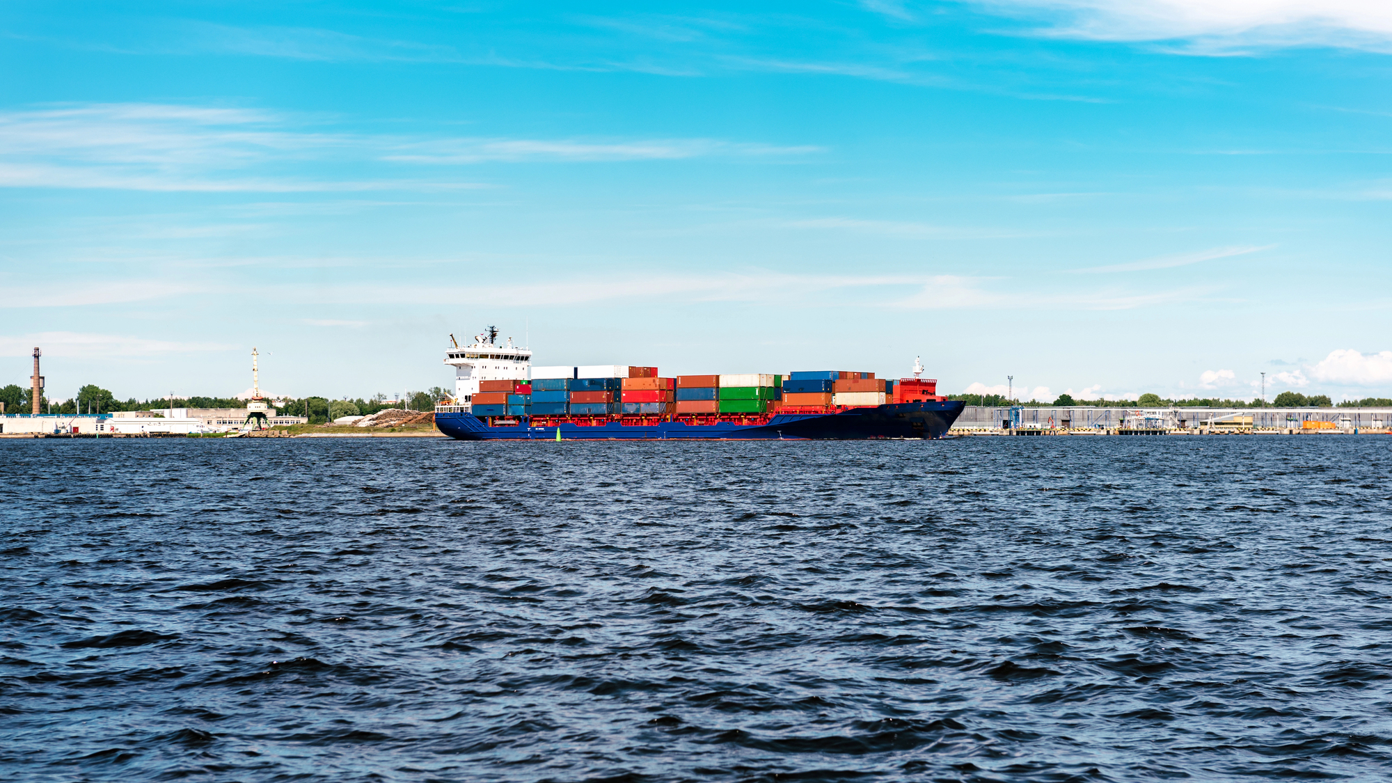 A cargo ship out at sea