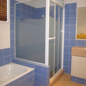 Image of a matte privacy partition for all glass shower.