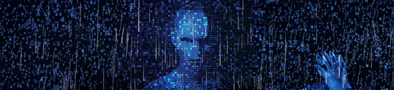 Ilustração digital em tons de azul: rosto humano formado por pixels e chuva de dados, com uma mão aberta à direita