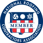 National Roofing Contractors Association member badge featuring a stylized American flag and roofing icons.