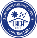 Chicago Roofing Contractors Association (CRCA) certified member seal with a house, sun, and raindrops illustration.