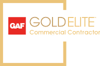 GAF Gold Elite Certified Contractor logo with a red square containing GAF initials and gold text on black background.