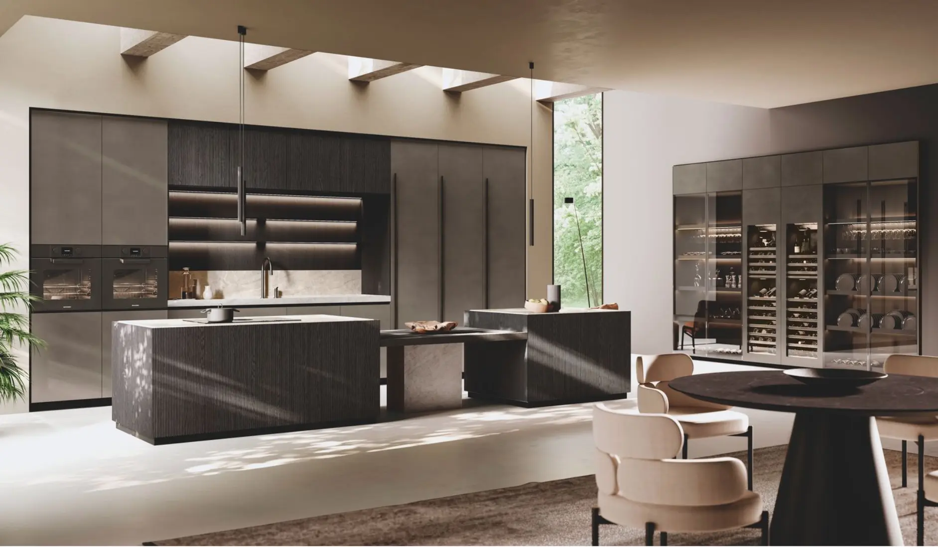 Image d'une cuisine sur mesure haut de gamme prenant tout l'espace, avec cave à vin sur mesure