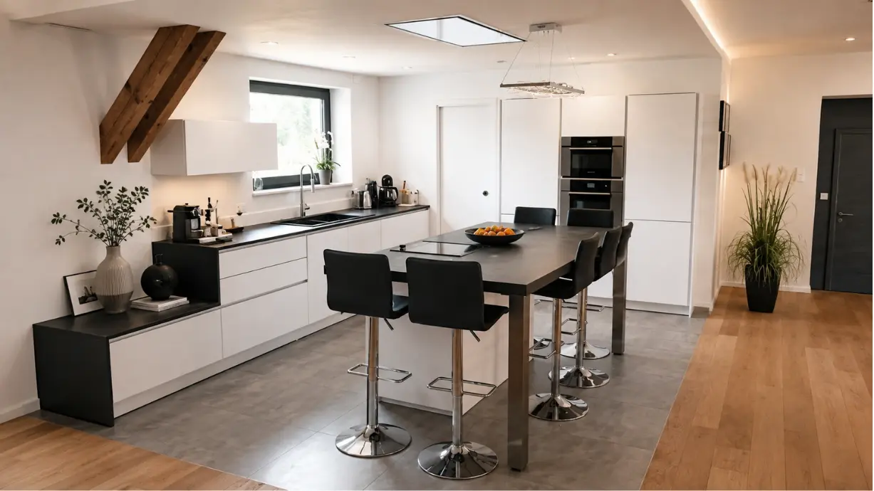 Cuisine blanche et noire avec ilot central incluant une plaque de cuisson intégrée