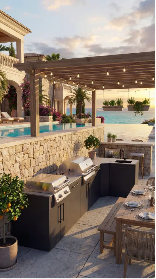 Cuisine extérieur sur mesure avec barbecue, plan de travail