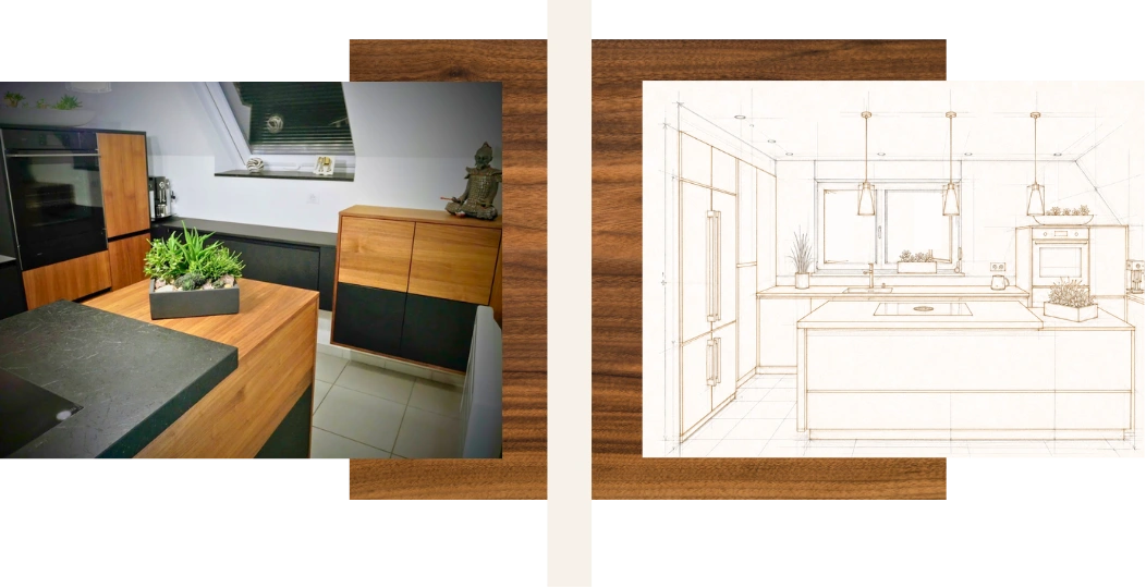 cuisine tout en bois, avec à gauche le dessin de la cuisine