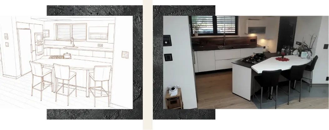 Dessin de la cuisine à gauche et le résultat de la cuisine à droite